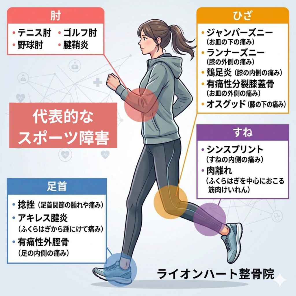 飯田橋接骨院が作成した、テニス肘、野球肘、ランナーズニー、オスグッド、シンスプリントなどの代表的なスポーツ障害の部位別解説イラスト